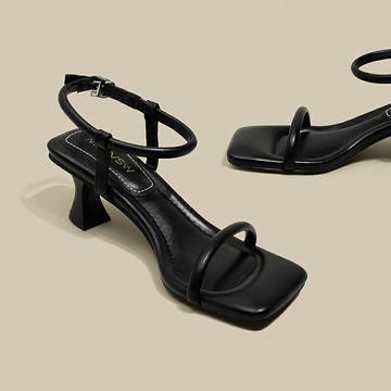 白色方頭涼鞋女踩屎感簡約中跟高跟鞋夏季露趾粗跟羅馬鞋女【木屋雜貨】