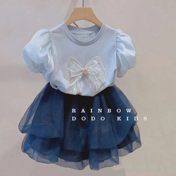 🎀biubiu童裝🎀女童泡泡袖T恤韓國童裝22夏洋氣蝴蝶結上衣寶寶網紗半身裙兩件套