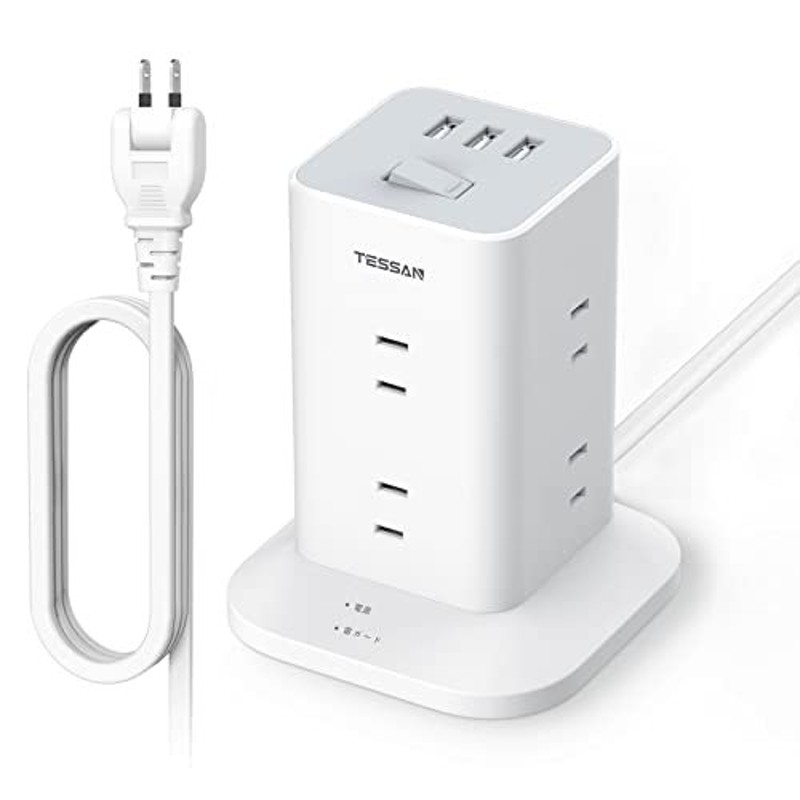 USB コンセント タップ たこあしコンセント 2つUSBポート スイングプラグ マルチタップ 充電タップ 雷ガード付 直挿しタップ 分岐 電源タップ  3個AC口 TESSAN