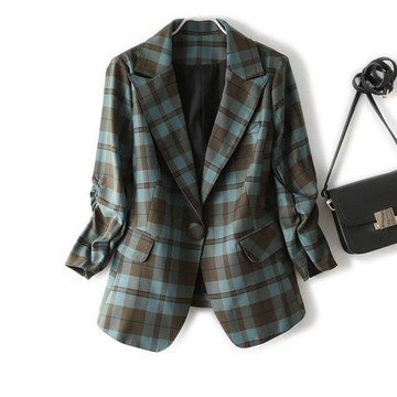 2022春季新款 經典格子西服抽皺七分袖修身顯瘦西裝領女裝外套秋