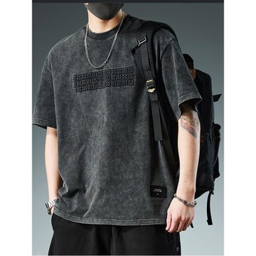 美式休閑T恤男士潮流寬松百搭重磅短袖夏季新款水洗體恤上衣服潮