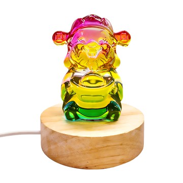 財神小舖 七彩轉運 財神獻寶擺件 琉璃財神 實木LED燈  1個