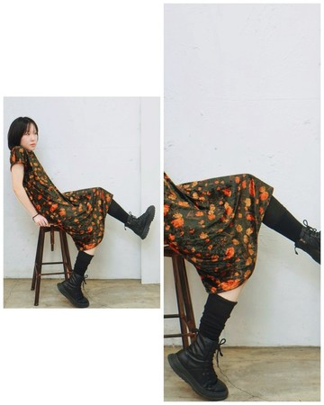 Designer collection 絨緞秋色印花法式包袖洋裝