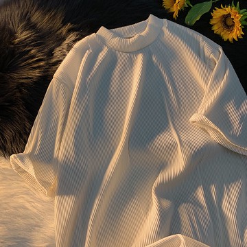 夏天寬松休閑純色褶皺條紋設計感百搭透氣冰感網紅短袖男t恤上衣