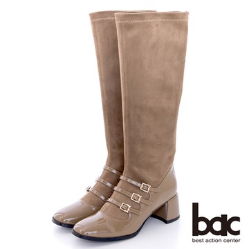【bac】異材質拼接瑪莉珍款粗跟彈力長靴-卡其