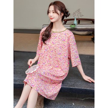 棉綢睡衣女士夏季2023新款高級感少女圓領睡裙大碼寬松國風連衣裙