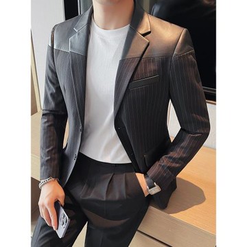 PU皮拼接條紋西裝外套男高級感2024新款潮流修身韓版痞帥休閑西服