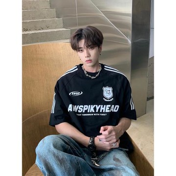 (免運)K09sauce美式條紋運動賽車短袖T恤休閑復古潮流寬松男女同款上衣