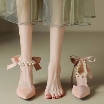 法式高級感珍珠涼鞋女中跟2025春秋新款尖頭粗跟高跟鞋氣質單鞋32