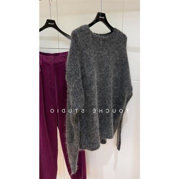 韓版寬松慵懶風灰色長絨馬海毛毛衫女春季氛圍感加厚套頭針織毛衣