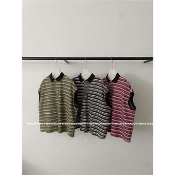 CAICAI不規則撞色條紋飛飛袖翻領POLO衫女韓系簡約休閑復古上衣