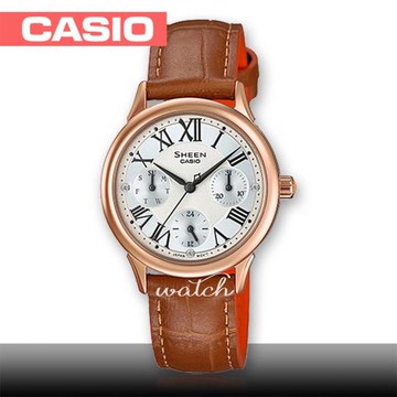 【CASIO 卡西歐 SHEEN 系列】氣質優雅_皮革錶帶_三眼顯示_羅馬數字_指針女錶(SHE-3049PGL-7A)