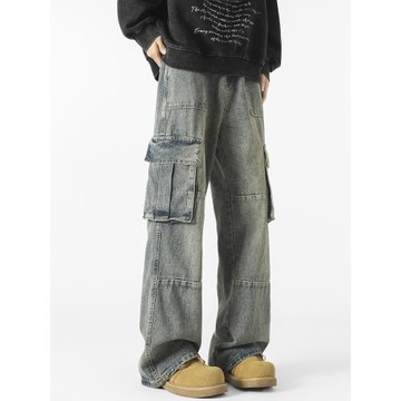 悟空有貨潮牌嘻哈寬松hiphop立體大口袋工裝牛仔褲男水洗直筒長褲
