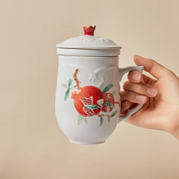 石榴喜果三件杯 / 附茶漏 / 牙白彩釉 430ml
