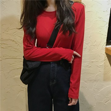 ins簡約純色休閑內搭長袖t恤百搭寬松顯瘦打底上衣女1入