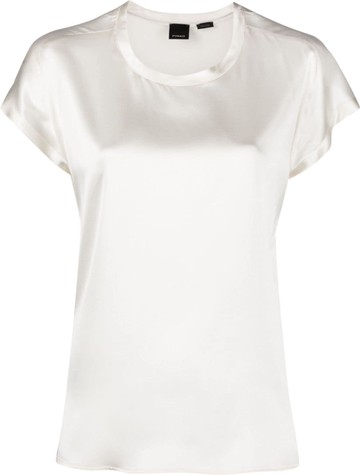 PINKO - satin-finish crew-neck T-shirt - women - Silk/Elastane - 42 - Neutrals