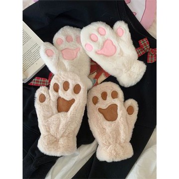 細細條 日系ins卡通可愛熊爪貓爪連指手套女冬季保暖掛脖毛絨手套