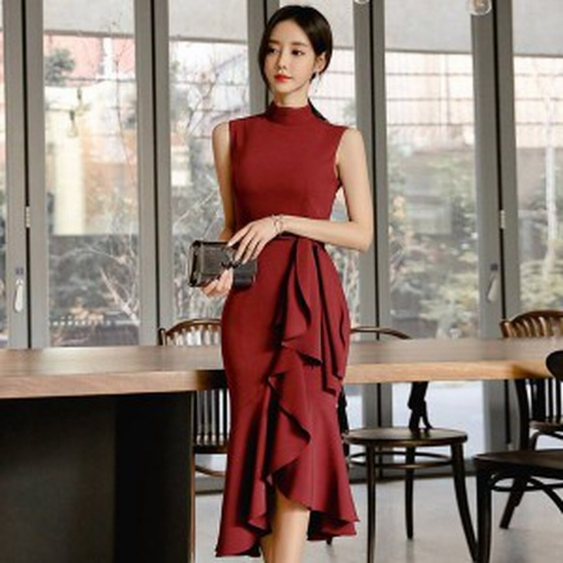 マーメイドワンピース 黒 ワイン赤 ノースリーブ タイトワンピース フレア パーティードレス 二次会 お呼ばれ 韓国風 ワンピース ミモレ 通販 Lineポイント最大get Lineショッピング