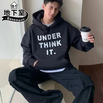 地下室B1-連帽T 韓版簡約Under think it字母印花連帽t恤 口袋 t恤 大尺碼5XL【NL665079】