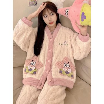 秋冬季珊瑚絨睡衣女士加絨加厚卡通可愛對襟法蘭絨家居服套裝冬天