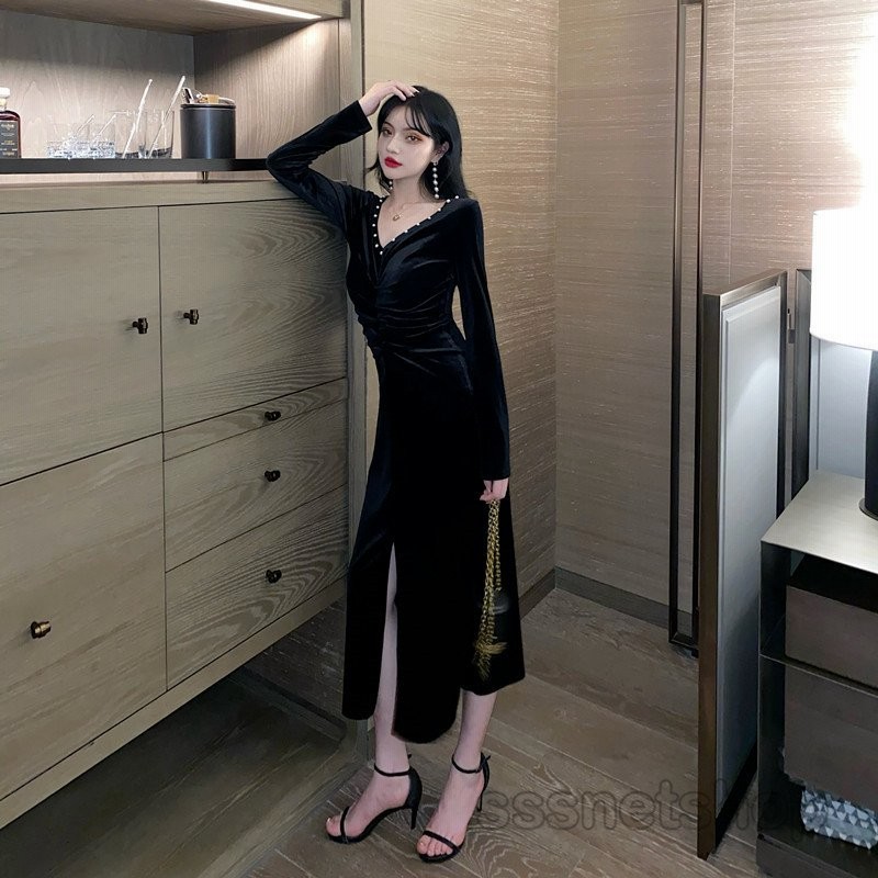 ベロアワンピース レディース Vネック 長袖 スリット ギャザー ハイウエスト 着痩せ ロングワンピース 秋物 上品 無地 人気 普段着 お出かけ Sssnetshop 通販 Lineポイント最大0 5 Get Lineショッピング