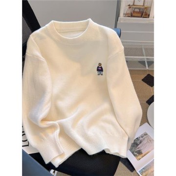品牌折扣女裝剪標撤柜外貿刺繡小熊羊絨毛衣軟糯慵懶風針織衫春秋