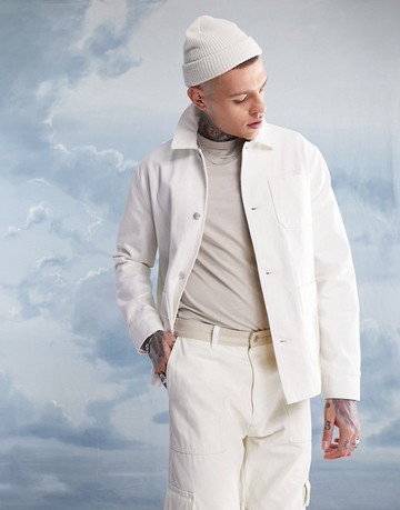 ASOS DESIGN worker jacket in washed ecru-Neutral