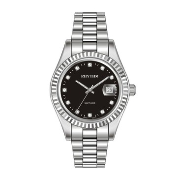 RHYTHM日本麗聲鐘 高雅鑲鑽日期顯示石英腕錶-黑/不鏽鋼錶帶