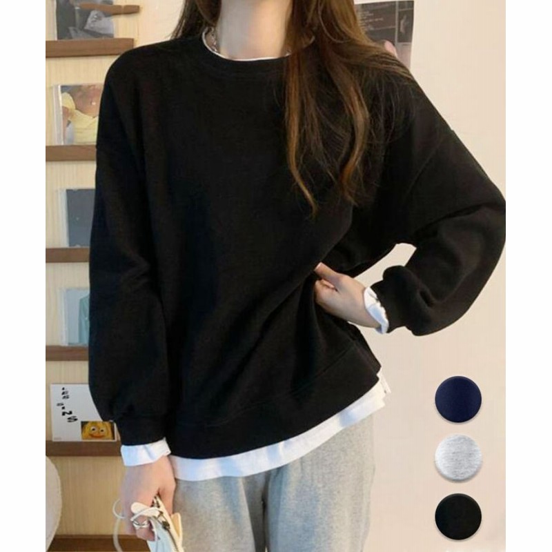 Seiheishop セイヘイショップ スウェット 重ね着風トレーナー パーカー プルオーバー トップス 無地 長袖 ゆる 丸首 レディース可愛い おしゃれ トレンド 韓国風 コーデ Tシャツ カット レディース ブラック 通販 Lineポイント最大1 0 Get Lineショッピング