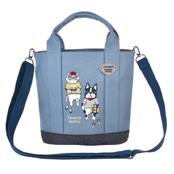 kUSUgURU JAPAN 日本眼鏡貓 ANIMAL MODE系列 肩背包 手提包2用 橢圓寬底單肩包 背帶可拆  23.5 x 21 x 10cm  藍色