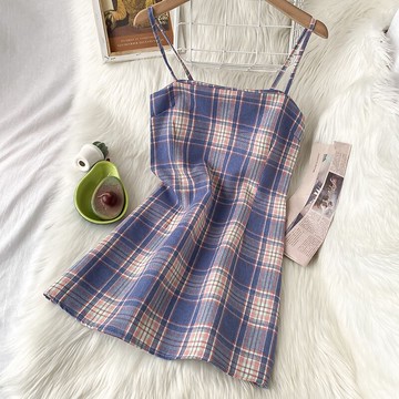 格子吊帶連衣裙女新款夏季法式復古小眾小個子打底裙ins潮