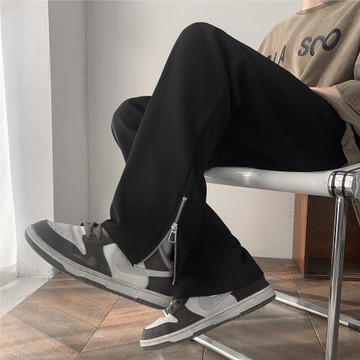 休閑褲男款春秋薄款褲子側邊拉鏈直筒開衩褲男士寬松運動褲秋褲男