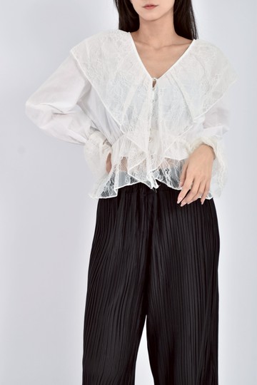 加購優惠(L) connect a質感蕾絲拼布白色長袖上衣