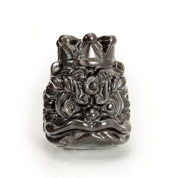 天然銀曜石擺件 銀色黑曜石 手工雕刻皇冠醒獅 吉祥興旺祈求好運