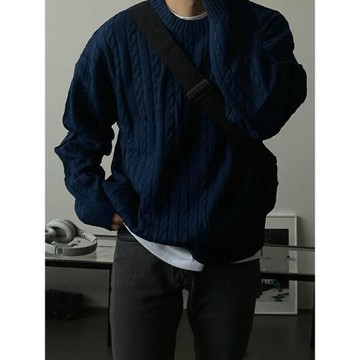 深藍色麻花紋落肩外穿針織衫男韓系慵懶毛織衫加厚圓領打底衫毛衣