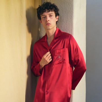 NotJustPajama VEGA節日限定22姆米真絲刺繡男士長袖睡衣套裝 - 深酒紅「男士」-M