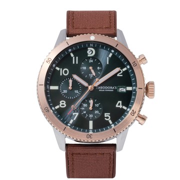 Discovery 探索自然 太陽能夜光潛水三眼腕錶 夜幕綠-帆布矽膠棕