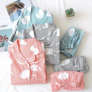 春夏新款女純棉家居服套裝雙層紗布睡衣睡褲條紋大碼長袖長褲薄款