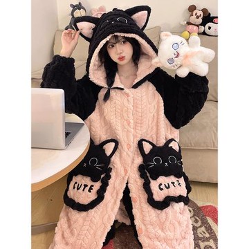 卡通羅小黑珊瑚絨睡衣女款冬季2025年新款可愛睡袍加絨加厚家居服