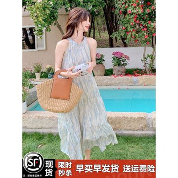 法式無袖露肩掛脖連衣裙女夏2025年新款海邊度假寬松絕美a字長裙