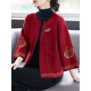 中年氣質媽媽春秋紅色針織外套洋氣中老年女秋裝喜婆婆婚宴裝上衣