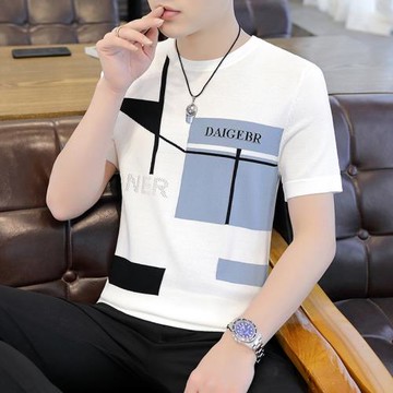 冰絲短袖t恤男潮牌針織衫半袖上衣男士夏季冰感絲滑白色圓領體恤