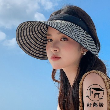 夏季必備💦防曬帽女 釣魚帽 防曬帽 遮陽帽 戶外帽子 韓版簡約休閒空頂帽條紋髮箍帽子女可摺疊戶外出行遮陽度假太陽帽HLJ