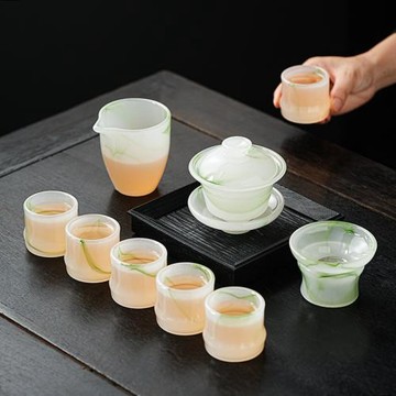 水墨琉璃功夫茶具套裝家用耐高溫泡茶壺蓋碗白玉茶杯送客戶伴手禮