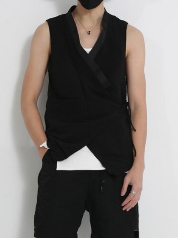 FINDSENSE MD 韓國 男 街頭 時尚 暗黑 個性設計 透視網紗馬甲背心 夜店髮型師 潮人款 打底衫 特色短T