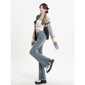 微喇叭牛仔褲女高腰 春秋新款復古緊身顯瘦顯高彈力寬松拖地褲潮