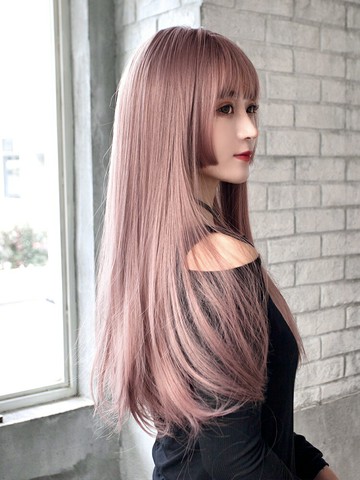 假發女粉色公主切長發  日系lolita姬發式長直發網紅薄藤色全頭套