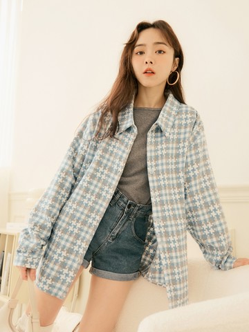 保暖配色格紋毛呢長版襯衫外套