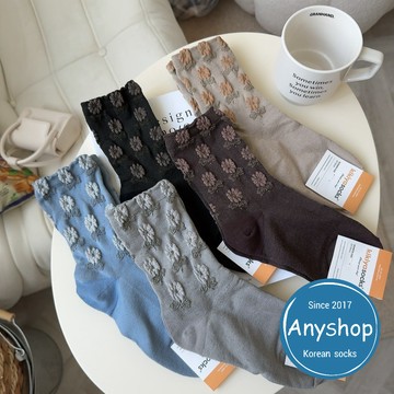 Anyshop韓國襪 浮雕小花中筒襪 花花 植物襪 韓國襪 中筒襪 浮雕 韓襪 韓國襪子 女生襪 女襪16402