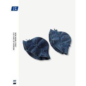 韓國高品質甜美可愛蝴蝶結牛仔布漁夫帽女春夏韓版時尚遮陽帽盆帽